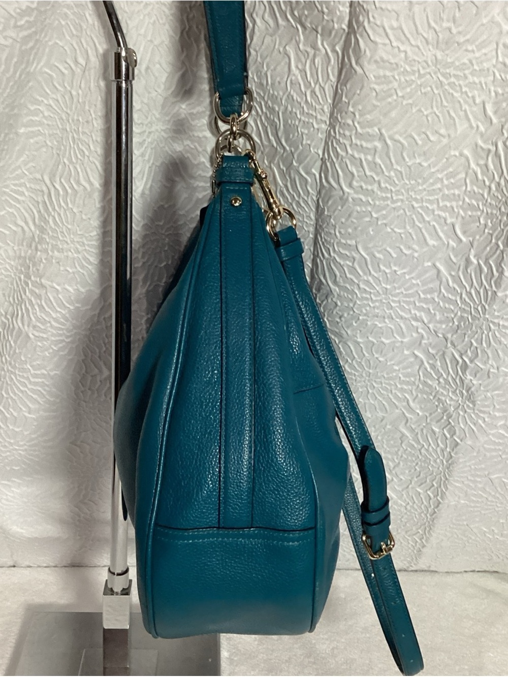 COACH Teal Pebbled Leather Harley East West Hobo Bag with Charm & Long Strap EUC - Picture 6 of 15